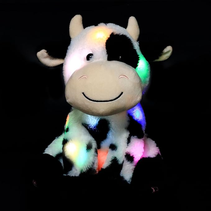 Hopearl LED Plush Smile Cow Light up Stuffed Animal Diary Cattle Floppy Night Lights Glow in The Dark Birthday Festival for Kids Toddler Girls, 11''
