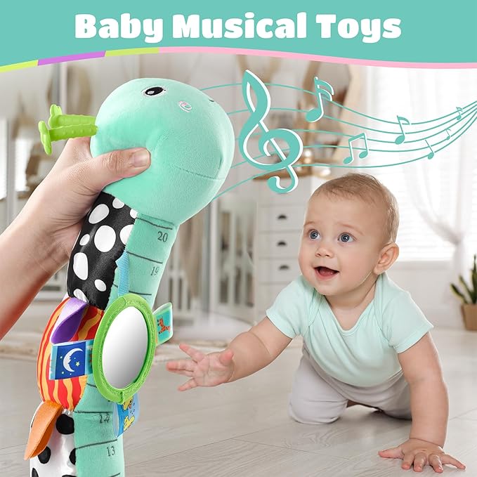 AWOTOY Baby Toys 6-12 Months Music Caterpillar Infant Toys Stuffed Animals 0-3-6 Months Teething Tummy Time Sensory Toys with Mirror Rattle&Pull String for Boys Girls Birthday Gifts|Tiffany Blue,Leafy