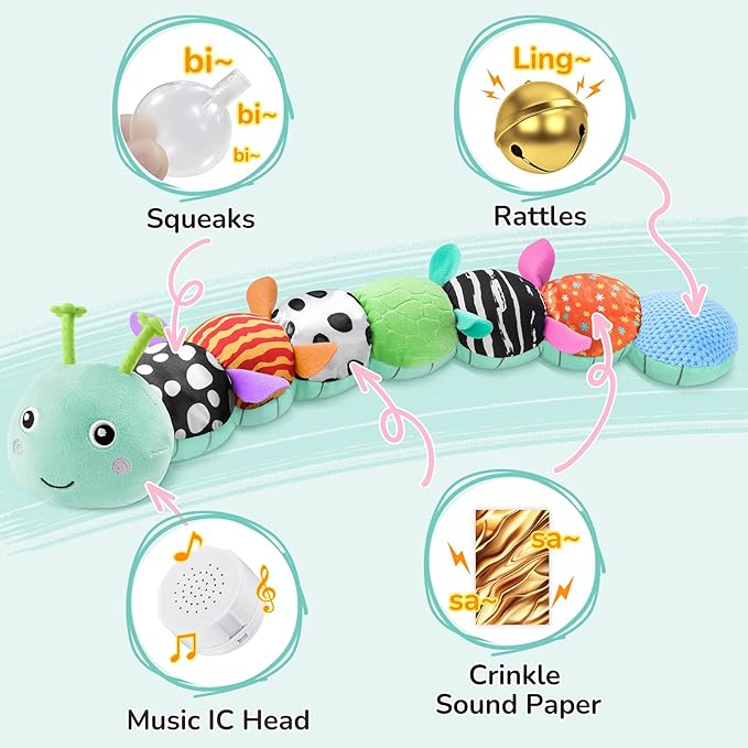 AWOTOY Baby Toys 6-12 Months Music Caterpillar,Stuffed Animals Infant Toys 0-3-6 Months,Baby Sensory Toys Tummy Time with Crinkle Rattle Teething Toys for Newborn Boys Girls Gifts Birthday|Ice Blue