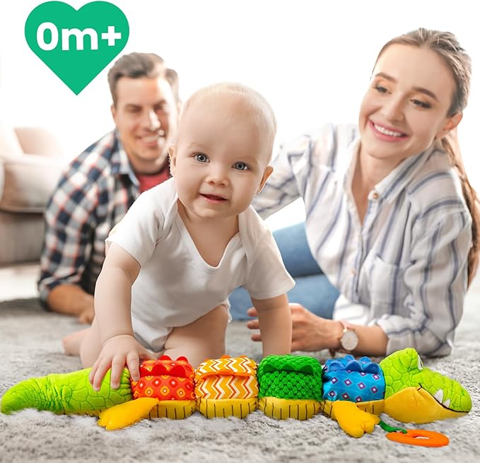 Sumobaby Infant Baby Musical Stuffed Animal Activity Soft Toys with Teether, Multi-Sensory Crinkle, Rattle and Textures, for Tummy Time Newborn 0-3-6-12 Months Boys, Girls, Crocodile (Alligator)