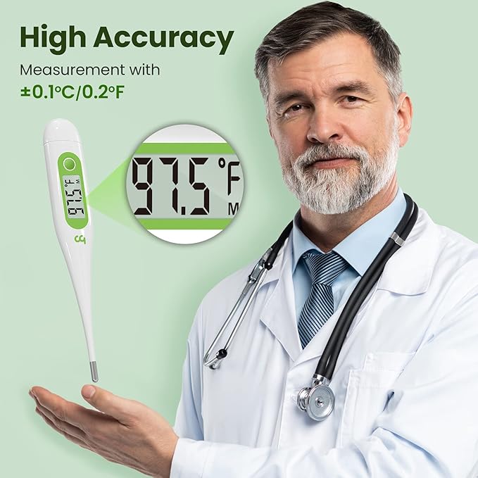 Femometer Thermometer for Adults and Kids, Digital Thermometer with Fever Alert, Memory Recall, C/F Switchable, for Oral, Rectal or Under Arm Use, Green