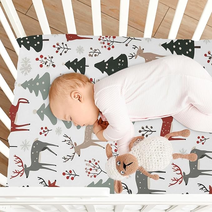 Pfrewn Christmas Crib Sheets for Boys Girls Trees Spruces Reindeer Fitted Crib Sheet for Mini Crib Mattress Stretch Soft Winter Pattern Toddler Baby Playard Sheet,39x27IN
