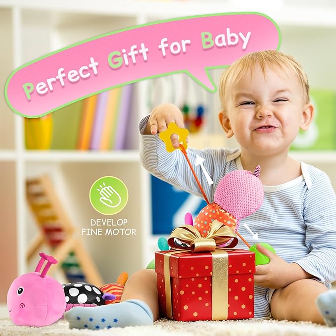 Baby Toys Sensory Musical Animal Stuffed Toy for Infant 0-3-6-12 Months Tummy Time Newborn, Plush Caterpillar with Mirror,Crinkle,Rattle Teething Toys for Baby Boys Girls Shower Gifts, Pink