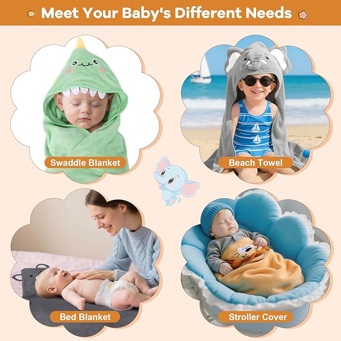 CandyHome 12 PCS Baby Bath Towels Set for Infants Toddlers, 4 PCS Animal Hooded Baby Towels & 8 PCS Washcloths Set, Ultra Absorbent Cute Soft Newborn Essentials Gift for Boys & Girls