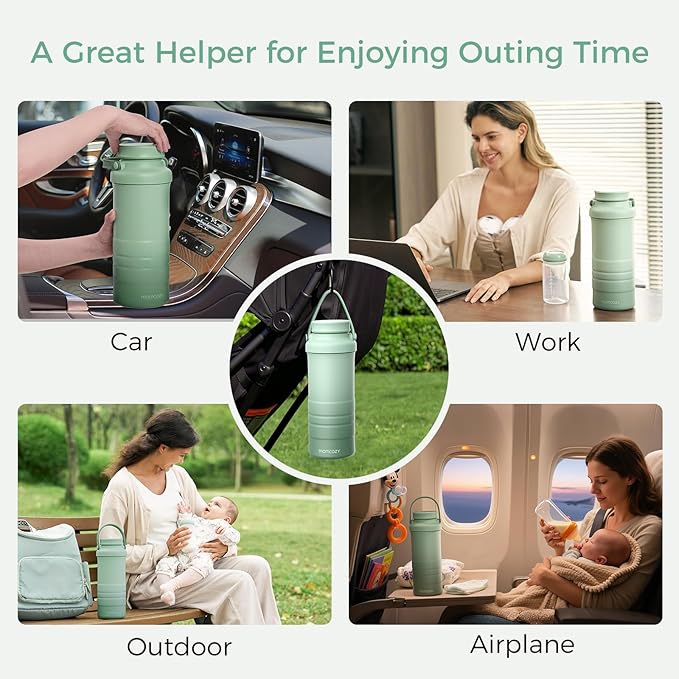 Momcozy 22oz Portable Breast Milk Cooler for Outdoor, Life Saver with 360ยฐ Total Cooling for 24 Hours, Larger Capacity Travel Breastmilk Chiller with 2pcs Baby Bottles for Breastmilk Storage, Green