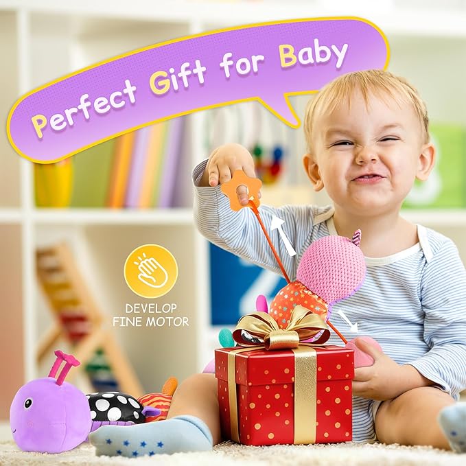 Baby Toys Sensory Musical Animal Stuffed Toy for Infant 0-3-6-12 Months Tummy Time Newborn, Plush Caterpillar with Mirror,Crinkle,Rattle Teething Toys for Baby Boys Girls Shower Gifts, Purple