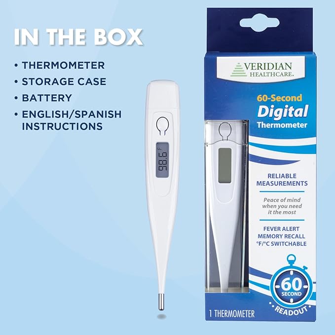 Veridian Digital Thermometer | 60-Second Readout | Fever Alert + Memory Recall| Clinical Rigid Tip | Hygienic Water-Resistant Easy Cleaning | Storage Case + Probe Covers Included
