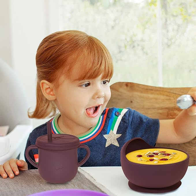 Dormlony 100% Silicone Baby Feeding Set, BPA Free Dishes With Suction Bowl, Divided Plate, Toddler Self Feeding Utensils, Spoons, Forks, Sippy Cup and Bib (Dark Red)