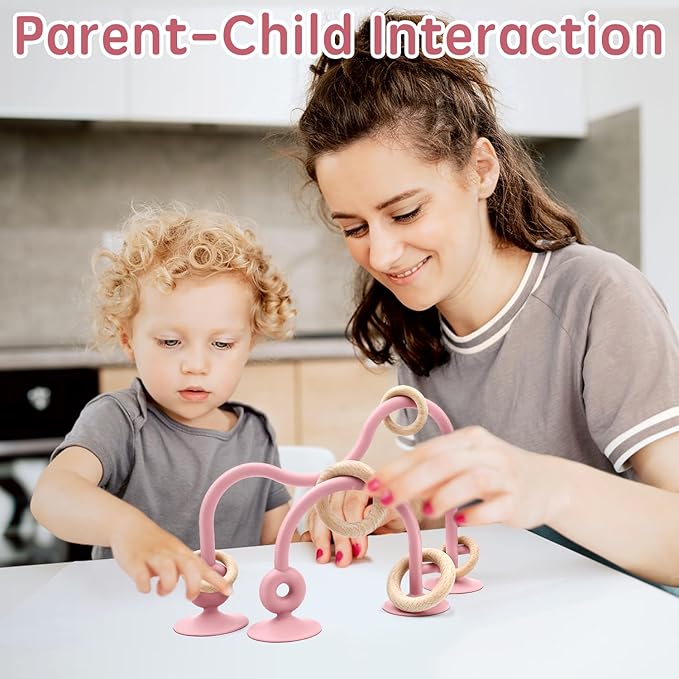 Baby Sensory High Chair Suction Toys for Infant Toddlers 12 18 Months, Food Grade Silicone String with Oak Loop Montessori Educational Parent-Child Bath Toy Gift for Birthday Christmas (Dark Pink)