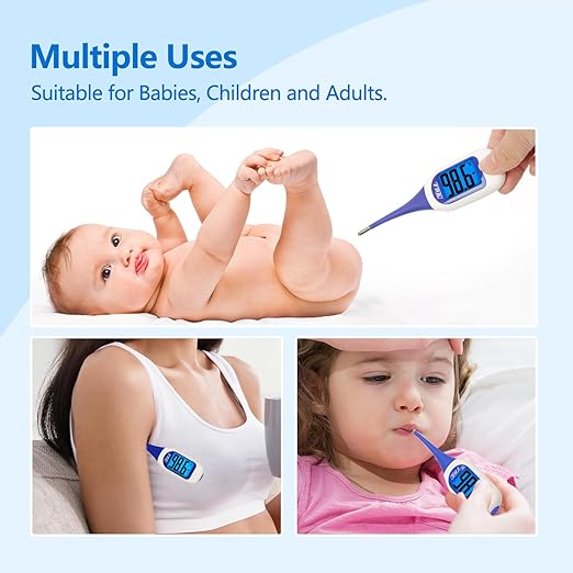 Large LCD Screen Digital Thermometer for Fever, 10 Seconds Fast & Accurate Readings, Large LCD Dual Color Backlight Flexible Tip Ideal for Adults Kids and Babies FSA