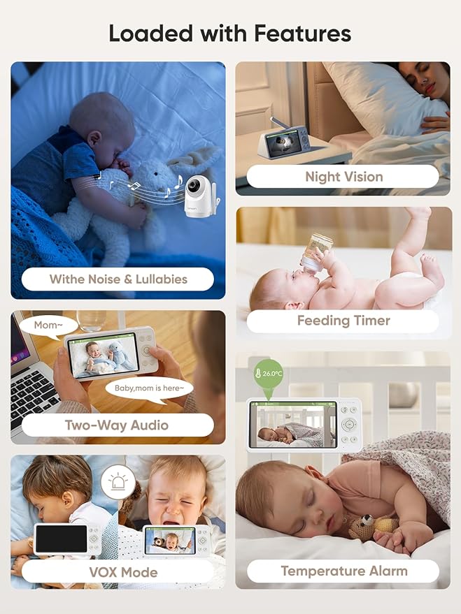bonoch 2K 5.5" Split Screen Baby Monitor with 2 Cameras, 240hrs Battery, White Noise, 1600ft Long-range, Hack-Proof No WiFi Dual Video Monitor, Night Vision, Smart Detect for Cry/Sleep Turnover/Motion
