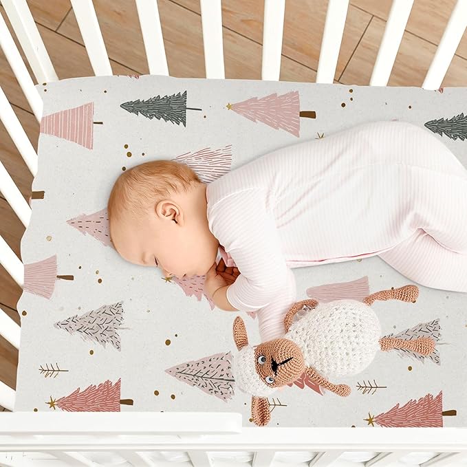 Pfrewn Christmas Crib Sheets for Boys Girls Pink Pastel Christmas Trees Star Gold Glitter Fitted Crib Sheet for Mini Crib Mattress Stretch Soft Winter Pattern Toddler Baby Playard Sheet,39x27IN