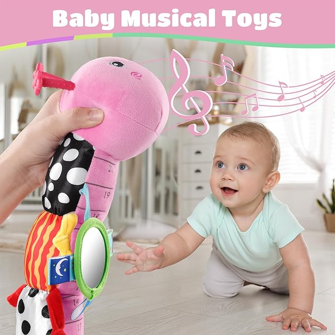 AWOTOY Baby Toys 6-12 Months Music Caterpillar Infant Toys Stuffed Animals 0-3-6 Months Teething Tummy Time Sensory Toys with Mirror Rattle&Pull String for Boys Girls Birthday Gifts|Pink,Knot Limb