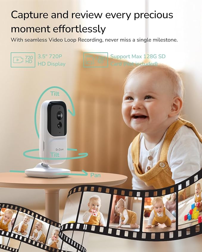 Dr. Care NeoView Video Baby Monitor with 2 Cameras -3.5” Screen, 2-Way Audio, Video Loop Recording, Night Vision, Real-Time/VOX Monitoring, Temp Sensor, Lullabies, No Wi-Fi (Supports Up to 128GB)
