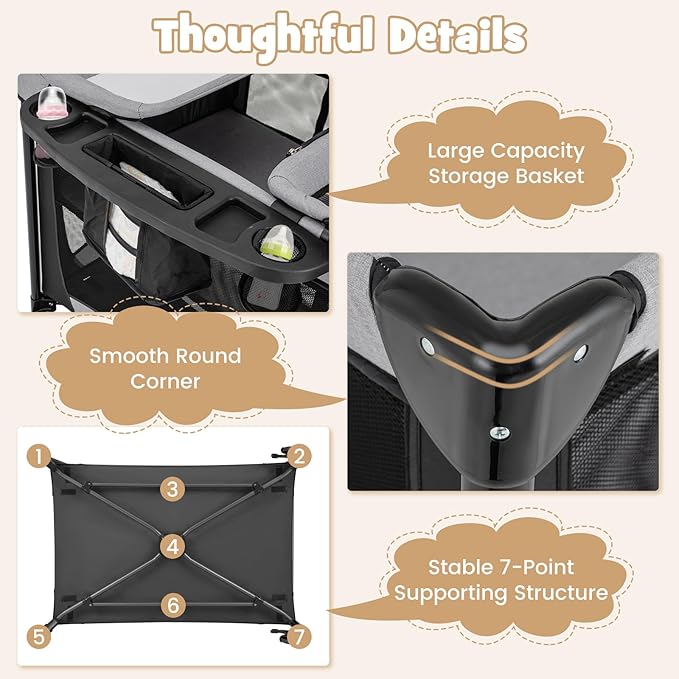 BABY JOY 4 in 1 Pack and Play, Portable Baby Playard with Bassinet & Diaper Changing Table, Infant Bassinet Baby Crib Activity Center with Toys & Oxford Bag from Newborn to Toddlers (Dark, Classic)