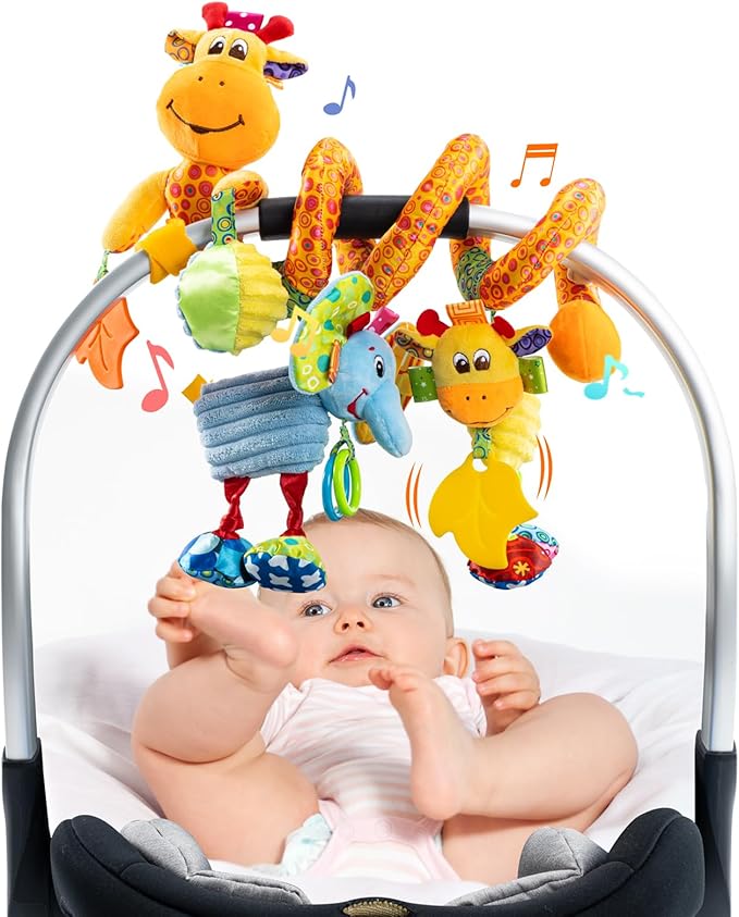 Jollybaby Crib Stroller Car Seat Toys for Baby 0-3-6-9-12 Months, Tummy Time Hanging Sensory Toys for Newborn with Music Box and Teether, Spiral Carseat Toy for Infant Boys Girls Gifts (Giraffe)