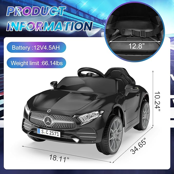 12V Kids Ride On Car with 2.4G Remote Control,Battery Powered Electric Car Ride On Vehicle Double Doors, Safety Belt,LED Light (SC-Black)