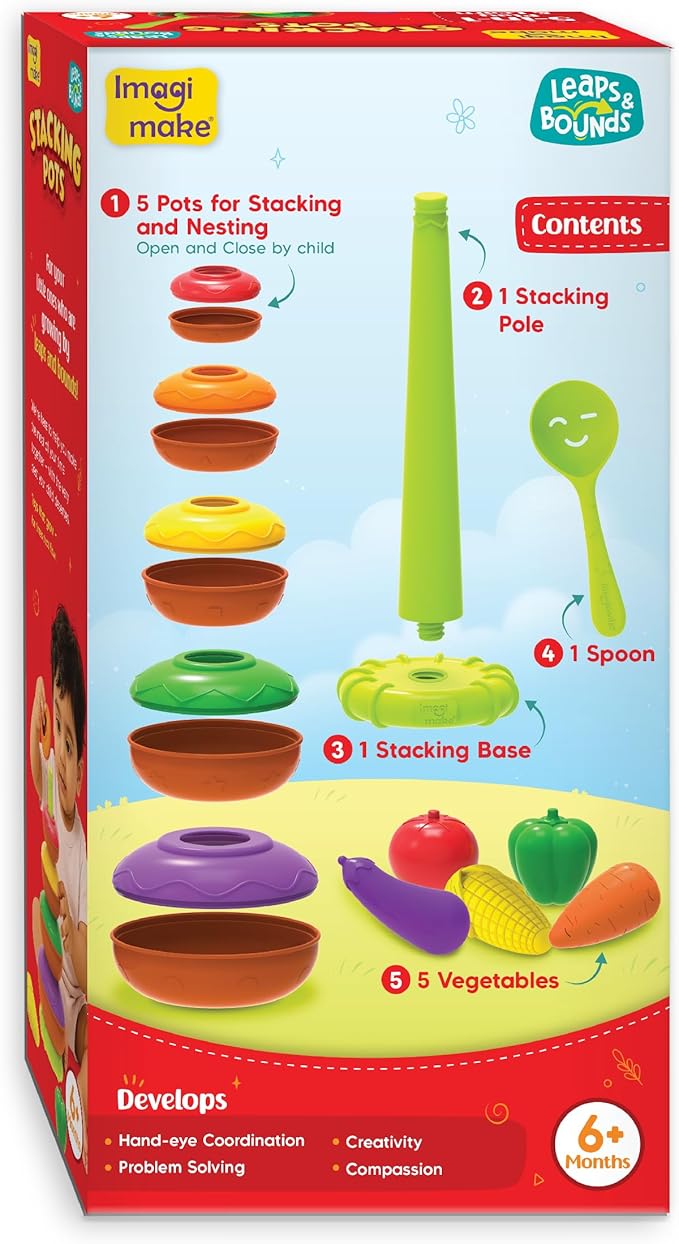 Imagimake Stacking Pots Toys | Leaps & Bounds 6+ Month Old Baby Toy | Learning Toy for Infant & Toddler | 5-in-1 Play & Learn | Stacking, Nesting, Pretend Play | First Birthday Gifts for Girls & Boys
