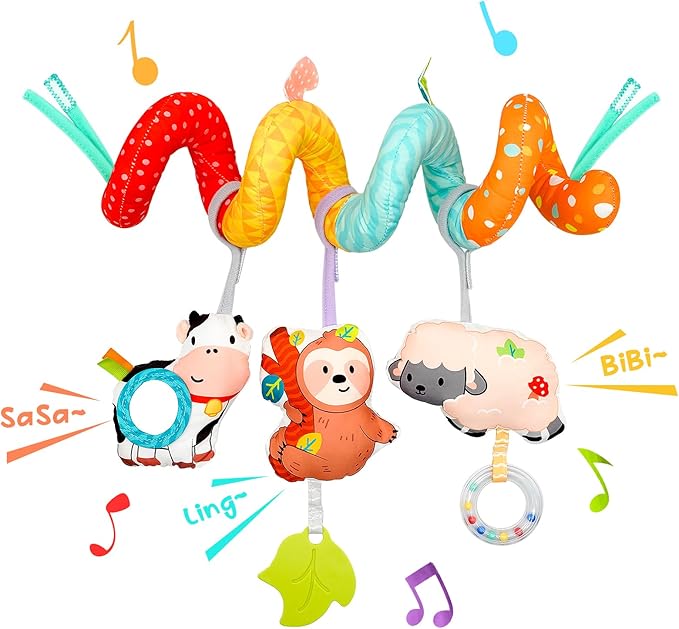 XIXILAND Car Seat Toys for Babies 0-6 Months Boy Girl Carseat Toys Hanging Spiral Stroller Toys, Infant Toys Baby Toys 0-6 Months Newborn Toys 0 3 Months Brain Development with Mirror Teether Rattle