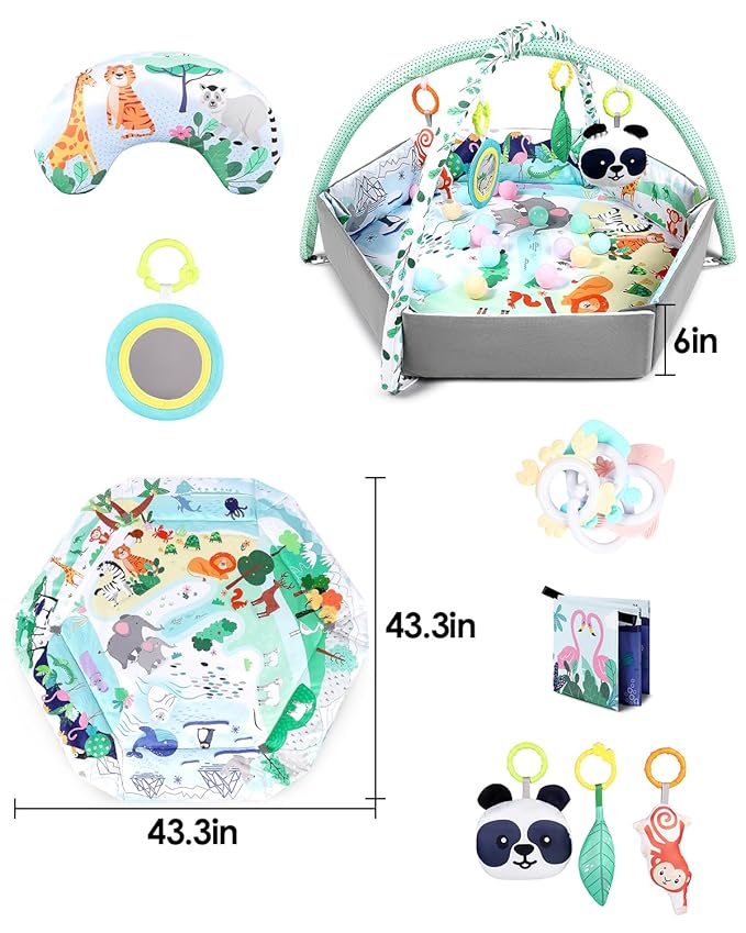dearlomum 4-in-1 Interactive Activity Mat,Baby Play Mat with 6 Learning Toys, Motor Skill Development,Ball Pit with 18 Ocean Balls