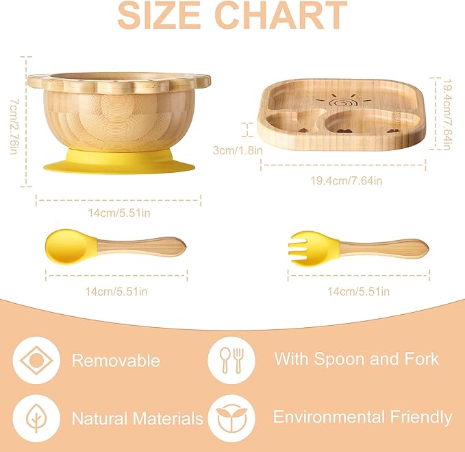 BABY REMEMBER Suction Plates Bowls Set for Baby Toddler Non-Toxic Bamboo Feeding Set with Silicone Fork & Spoon (Yellow Feeding Set)