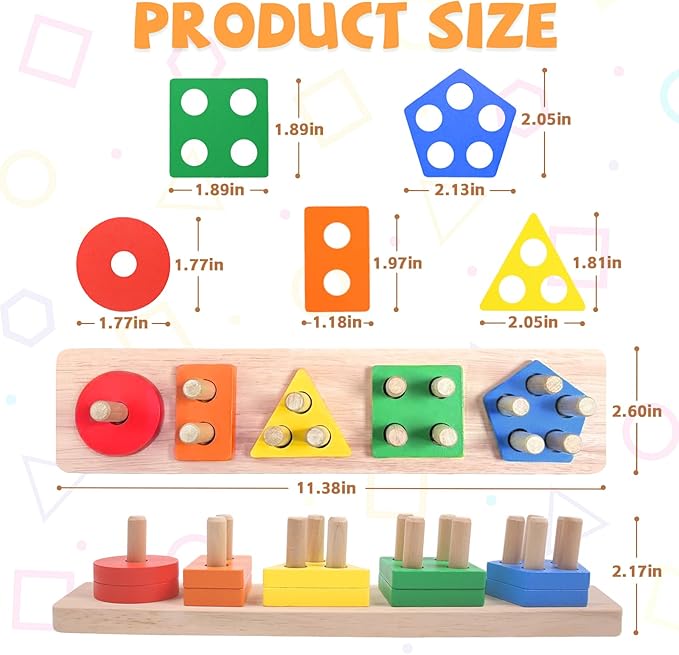 Montessori Toys for 1 2 3 Year Old - Wooden Baby Stacking Toys Sensory Educational Shape Sorter Color Sorting Toy for Toddlers 1-3, Preschool Learning Birthday Gifts for Baby Girls Boys Kids