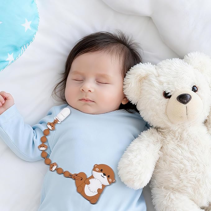 Cute Animal Baby Food Grade Silicone Teether Toy with One Piece Design Pacifier Clip Holder,Teething Toys Gift Set for 3 Months+ Boys and Girls,Freezer Safe,BPA Free (Otter)