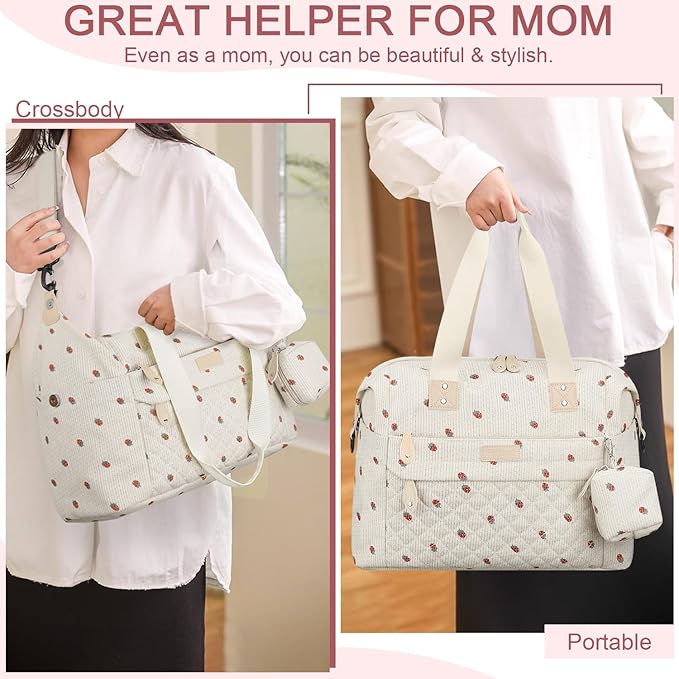 Diaper Bag Tote - Diaper Baby Bags with Pacifier Case, Shoulder Straps, Stroller Clips, Waterproof Large Mommy Maternity Travel Baby Bag for Mom and Dad, strawberry