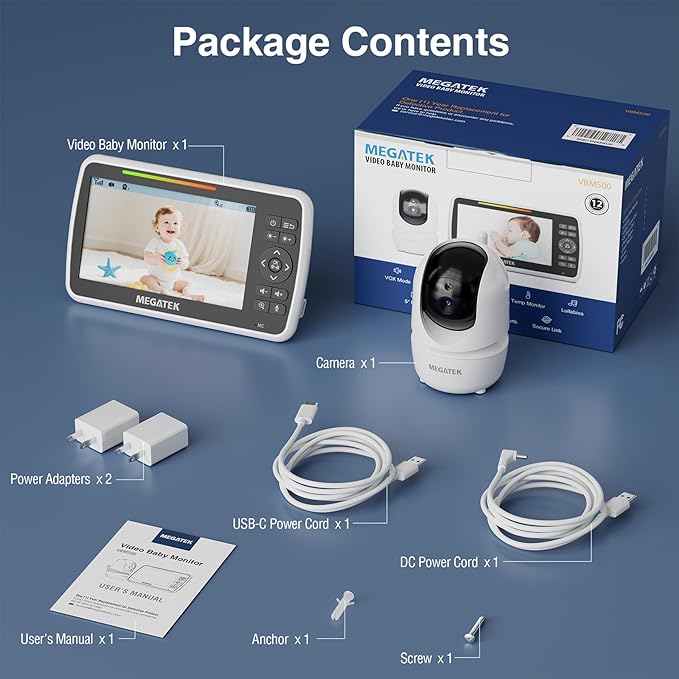 MEGATEK 5" Screen Video Baby Monitor with Audio and Pan-Tilt Camera, Night Vision, Temperature Alert & Two-WayTalk,ECO Mode, Brightness/Volume Control