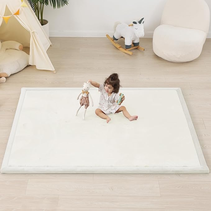 1.5" Thick Padded Baby Play Mat for Floor Tummy Time, Pro Soft Foam Activity Playroom Playmats, Easy Care with Non-Slip Safe for Infant Toddler Kids Crawling 39"x 59" (Cream)