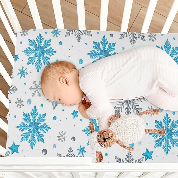 Pfrewn Christmas Crib Sheets for Boys Girls Silver and Blue Glittering Snowflakes Stars Fitted Crib Sheet for Mini Crib Mattress Stretch Soft Winter Pattern Toddler Baby Playard Sheet,39x27IN