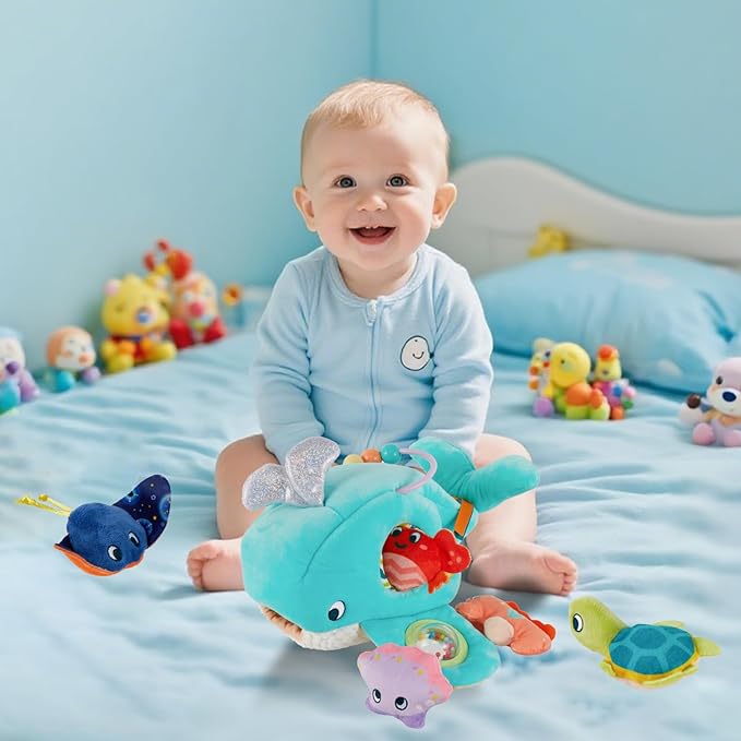 Juivin Soft Rattle Montessori Baby Toys 6-12 Months, Soft Barn Ocean Playhouse with 6 Stuffed Animals, Sensory Development Activity, Toddler Learning Toys (Ocean Whale)
