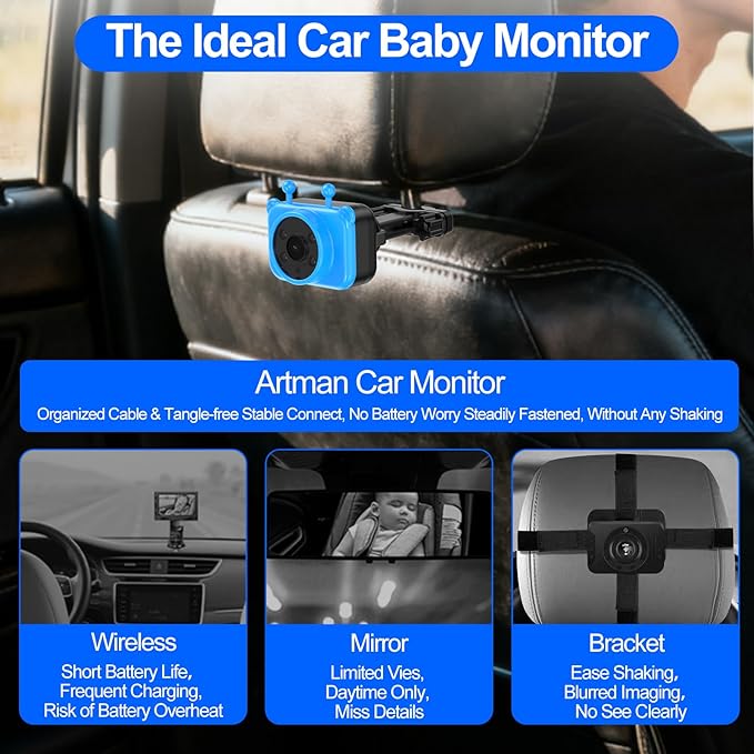 Artman Baby Car Camera for 2 Kids, Baby Car Monitor with 7.2'' HD 1440P IPS Touch Screen, Dual IR Night Vision Cameras, Easy No-Damage Instal Ideal Car Seat Monitora for Parents and Pet Owners