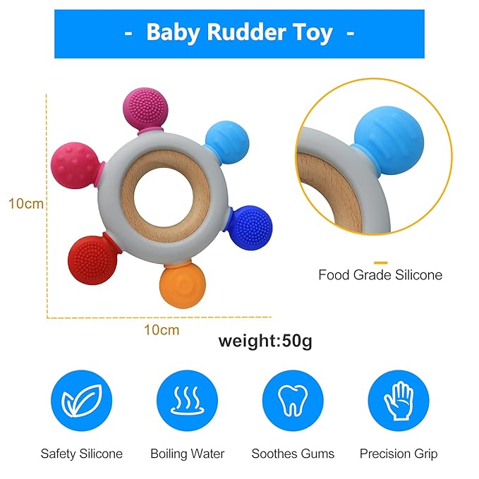 Arudyo Baby Teething Toys Silicone Teethers BPA Free Silicone Rudder with Wooden Ring Soothe Babies Gums (Ocean)