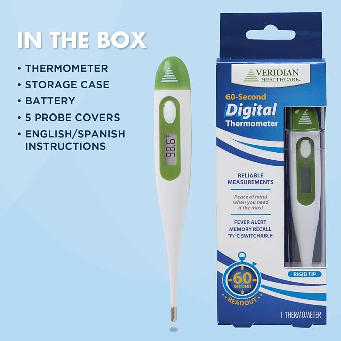 Veridian Digital Thermometer | 60-Second Readout | Fever Alert + Memory Recall| Clinical Rigid Tip | Hygienic Water-Resistant Easy Cleaning | Storage Case + Probe Covers Included