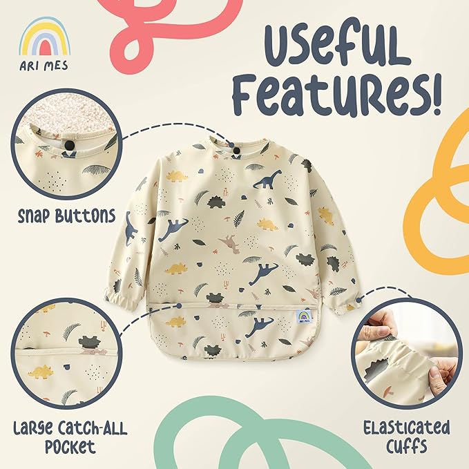 ARI MES Long Sleeves Waterproof Baby Bibs for Eating - Kitty Cats, Small - Wearable, Coverall for Toddler, Long Sleeve Bib, Smock Apron for Feeding - Applicable for 6-72 Months