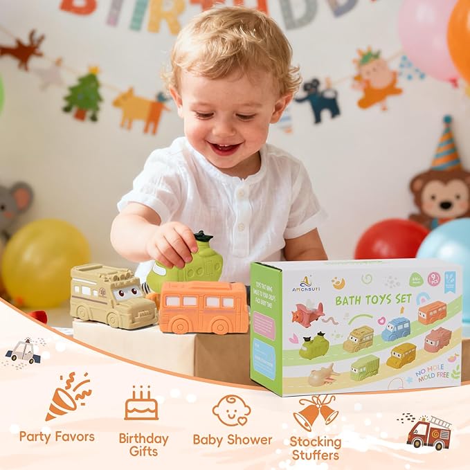 Baby Bath Toys 9 Pack Cars Floating Bath Toys Mold Free, for Infants 6-12 & Kids Ages 1-3, No Hole Bathtub Toys for Toddlers 1-3 Water Pool Toy for Baby Toddler