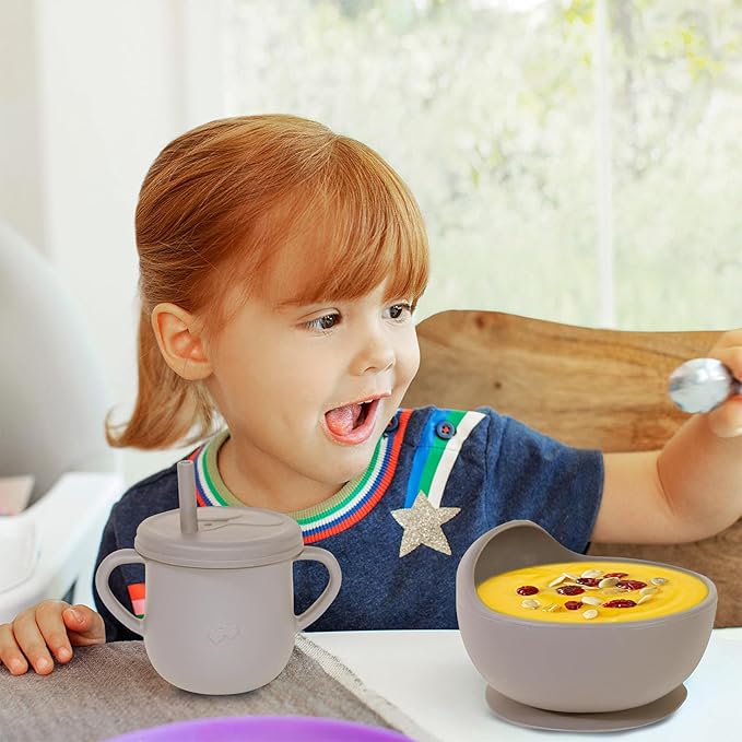 Dormlony 100% Silicone Baby Feeding Set, BPA Free, 9 Pcs: Suction Bowl, Divided Plate, Toddler Self Feeding Dish Set with Spoons, Forks, Sippy Cup, Bib, Beige