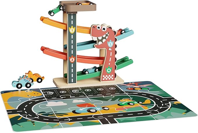 Montessori Car Ramp Toy for Toddlers 1 2 3 Year Old Wooden Dinosaur Race Track with 6 Cars & Parking Garage Kids Play Cars & Race Cars Birthday for 1-3 Boys Girls Baby Motor Skills Toy