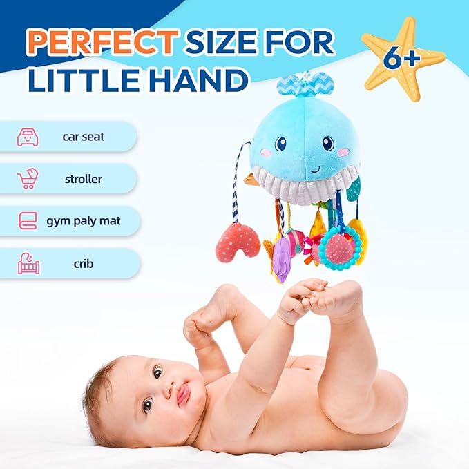 Jollybaby Activity Pull String Hanging Toy for Baby Stroller Car Seat Crib Play Gym, Plush Stuffed Ocean Whale Toy for Carseat with Teether Rattles, Montessori Sensory Toy for Baby Gift