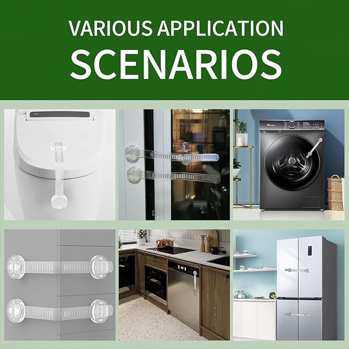 Baby Proof Cabinet Locks, Safe Quick and Easy Transparent Drawer Door Latches, Adjustable No Drilling Child Safety Cabinet Straps for Fridge, Oven, Dishwasher, Toilet Seat (L, Count, 10)