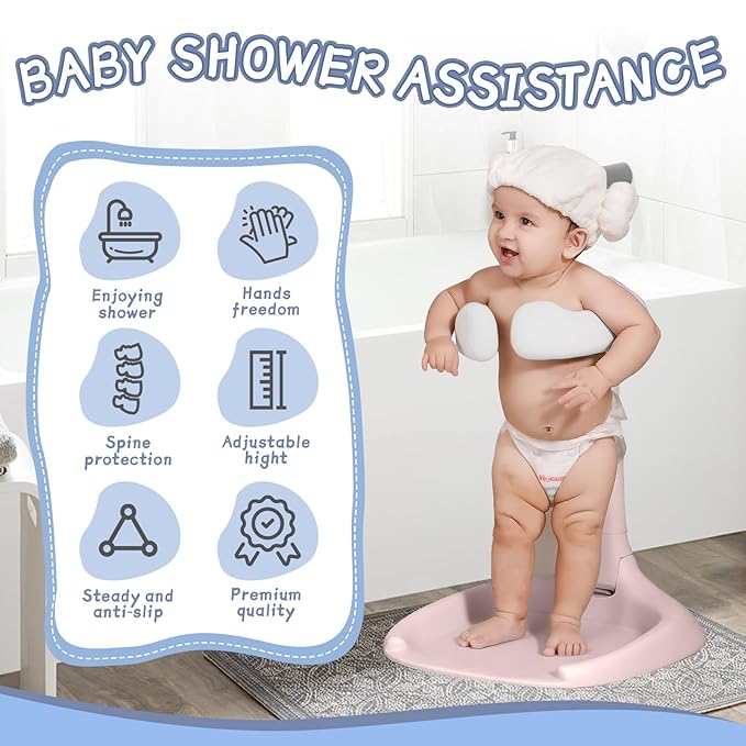 Baby Shower Stand, Toddler Bath Standing Support with Anti-Slip Base and Shower Holder, Adjustable Height, Soporte para Bañera de Bebé, Ideal Gift for Infants 6-36 Months-Pink