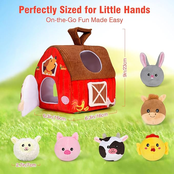 Aojieni Baby Toys 6-12 Months: Plush Surprise Barn with Stuffed Farm Animals, Rattle, Crinkle Paper, Mirror, Busy Montessori Toys for Babies, Infant, Newborn, Sensory Toys for Toddlers 1-3