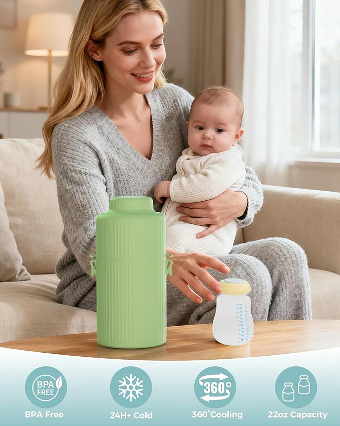 Breast Milk Cooler Bottle 22oz for Outdoor Travel, 360° Total Cooling for 24 Hours, Portable Baby Breastmilk Chiller with 2pcs Leak-Proof Bottle, Essential Breastfeeding Gift Set for New Moms