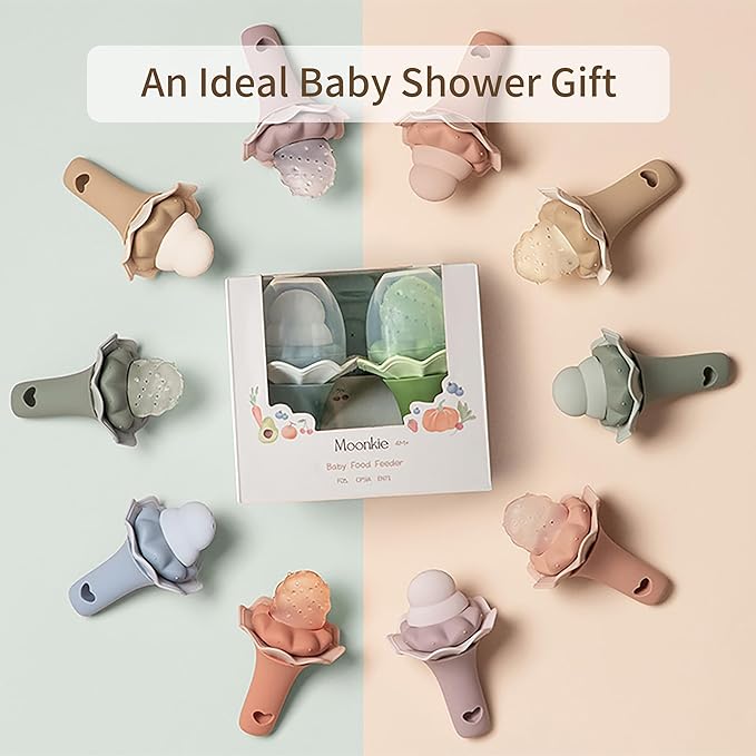 Moonkie Baby Fruit Feeder with Freezer Tray, BPA Free Silicone Food Feeder for Infant Self Feeding, Breastmilk Popsicle Molds, Mesh Feeder with Two Pouches, Baby Shower Gifts 4 Months+, 2 Pack