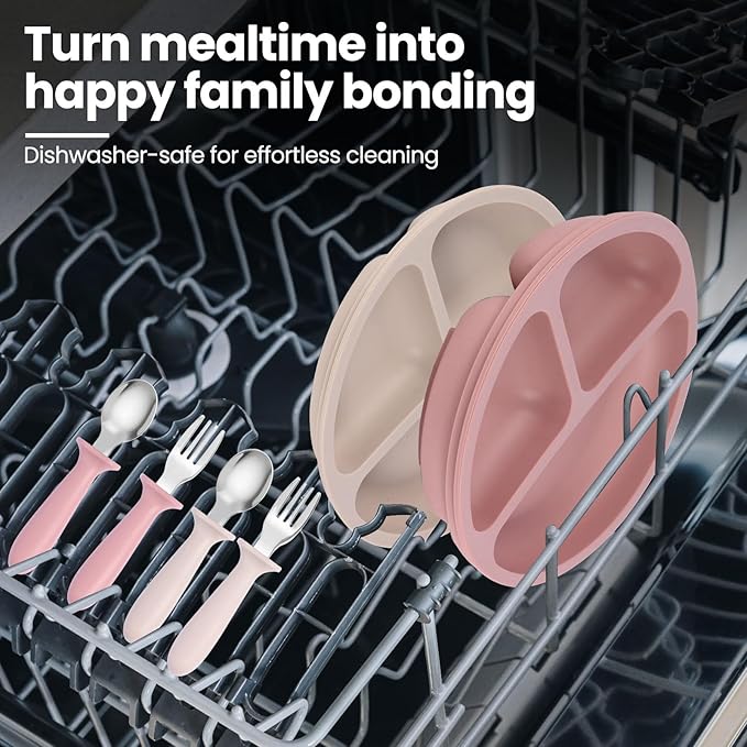 Eascrozn 2 Pack Silicone Divided Baby Plates with Suction, 2 Pack Toddler Forks and Spoons Set, BPA Free, Baby Feeding Set for Toddler Utensils, Microwave and Dishwasher Safe