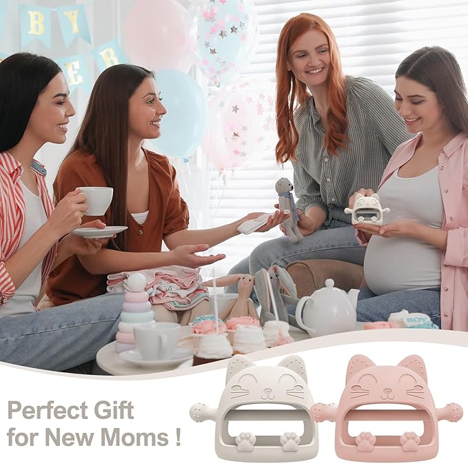 2 Pack Baby Teether Toys,Silicone Teething Toys for Babies 0-6 Months,Never Drop Baby Chew Toys for Teething Relief, Teething Pacifiers,Baby Toys 0-6 Months,Ideal Gifts for Baby Shower(Cartoon Cat)