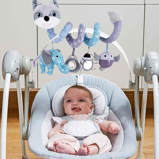 Car Seat Toys, Baby Toy 3-6 Months Carseat Stroller Toys Infant Spiral Activity Toy 0-3 Month, Hanging Car Toys for Babies 0-6 Months Newborn Boys Girls with Music Rattle Squeaker - Gray Fox