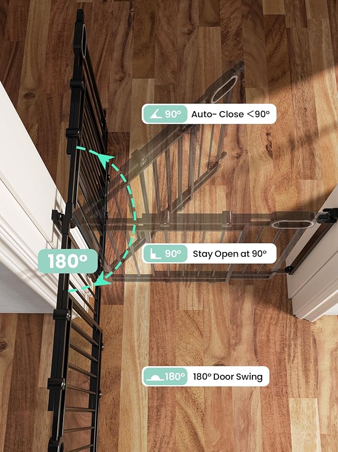 Grownsy No Bottom Bar Baby Gate for Stairs, Adjustable Width 32โ to 48โ for Child and Pet, Dog Gate with Auto-Close & One-Hand Operation, Hardware-Mounted Installation for Doorways and Indoor,Black