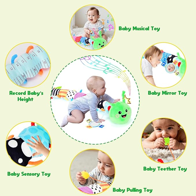 33in Plush Caterpillar Baby Sensory Toy 0-12 Months - Detachable Touch-Sensitive Music Box (30 Sounds), Baby Mirror, Crinkle Rattle & Teether - Perfect for Tummy Time, Car Seat Use - Ideal Newborn Sho